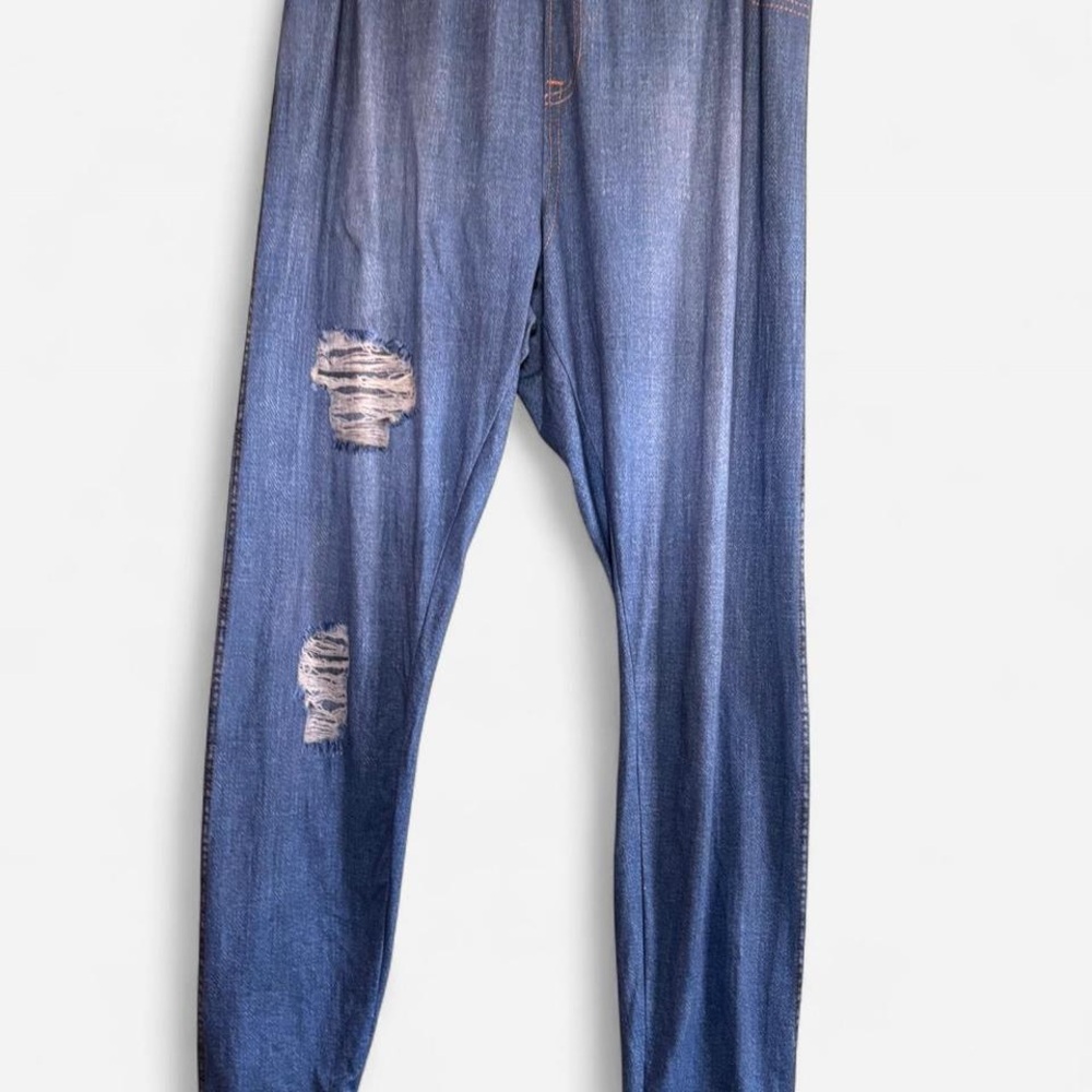 Shein Curve Blue Jeggings Leggings Faux Jeans Distressed Elastic Waist Women XXL